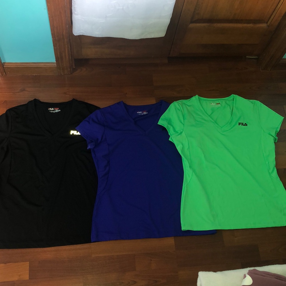 Royal blue, lime green & black workout shirts
